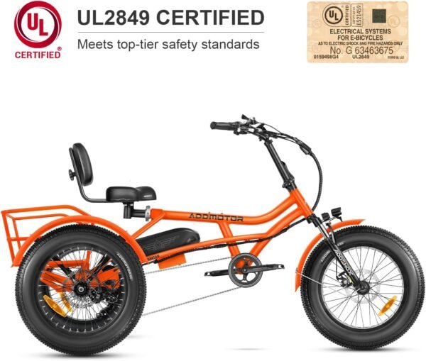 ADDMOTOR ARISETAN Electric Trike for Adults. 750W Rear Motor Electric Tricycle. 85MI 48V 20AH UL2849 Etrike. 380lbs. Semi-Recumbent Three Wheel Electric Bike for Seniors. Parking Brake & Differential - Image 3