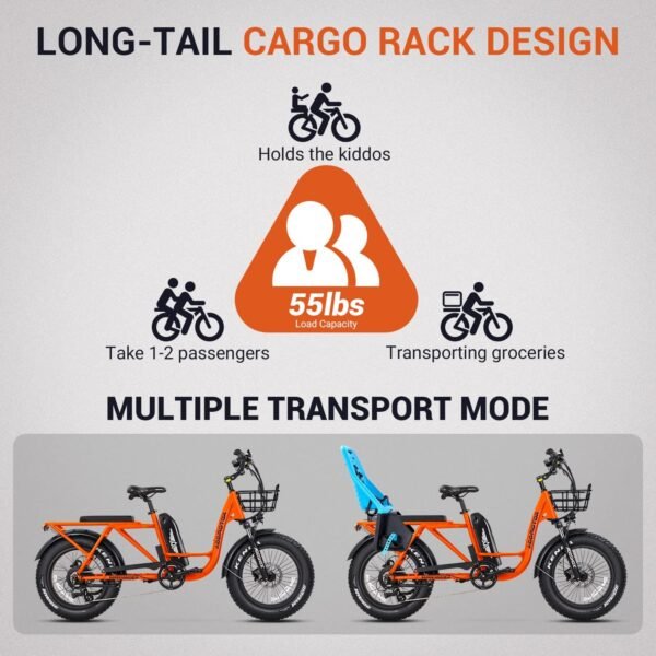 ADDMOTOR GAROOTAN M-81 Electric Bike for Adults. 48V 20AH Removable Battery UL2849 Certified. 750W Rear Gear Motor with 20x4 Fat Tire Ebike. Long-Tail Cargo Electric Bicycle (Olive) - Image 5