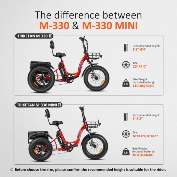 ADDMOTOR TRIKETAN M-330 Electric Trike for Adults. 750W Rear Motor Electric Tricycle. 450lbs. 48V 20Ah 85MI 3 Wheel Electric Bike for Seniors. Fat Tire E-Trike with Parking Brake & Differential - Image 3