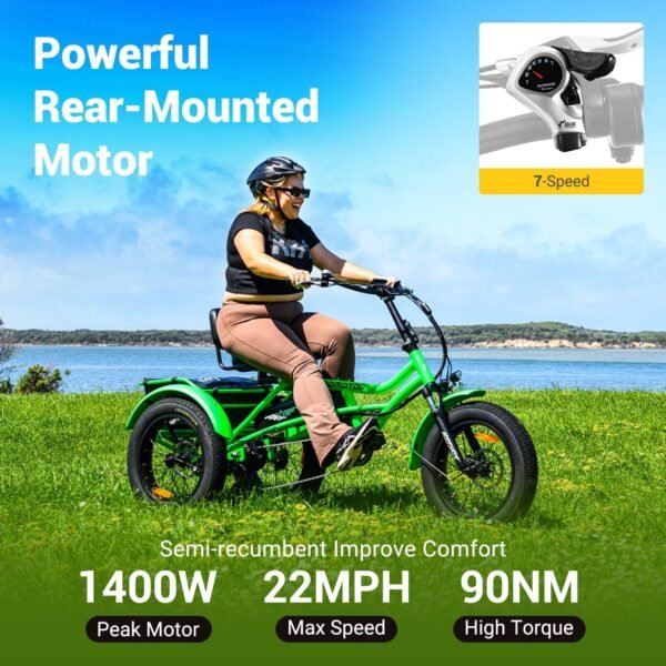 ADDMOTOR ARISETAN Electric Trike for Adults. 750W Rear Motor Electric Tricycle. 85MI 48V 20AH UL2849 Etrike. 380lbs. Semi-Recumbent Three Wheel Electric Bike for Seniors. Parking Brake & Differential - Image 6